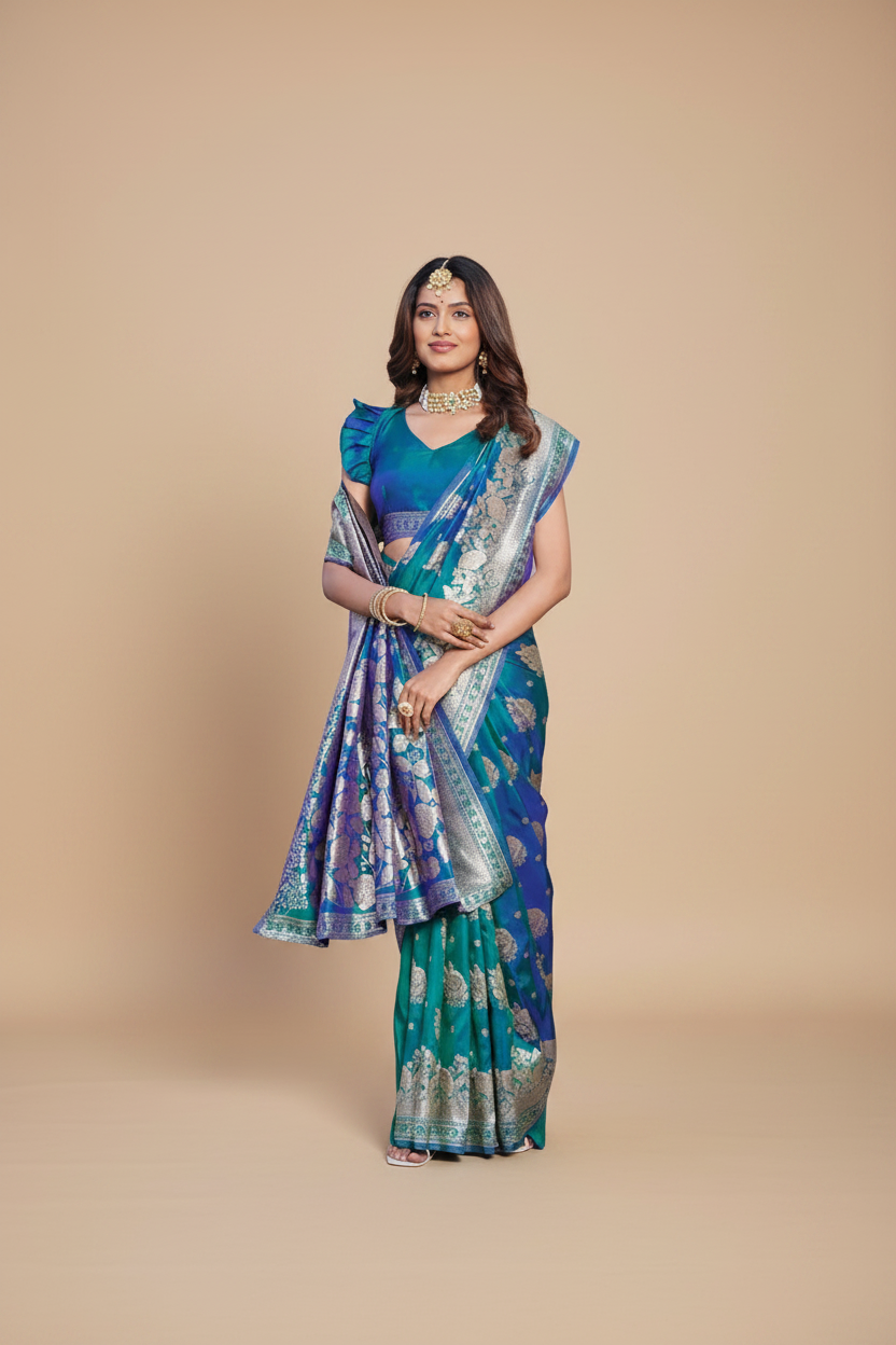 Snuggle Spot Women's Jacquard Printed Saree With Unstitched Blouse 5.5Mtr (Royal-Teal)