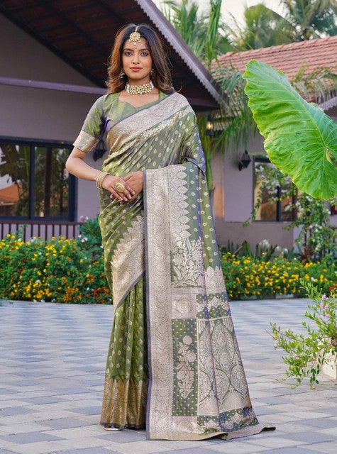 Snuggle SpotWomen's Jacquard Printed Saree With Unstitched Blouse 5.5Mtr (Olive Green)