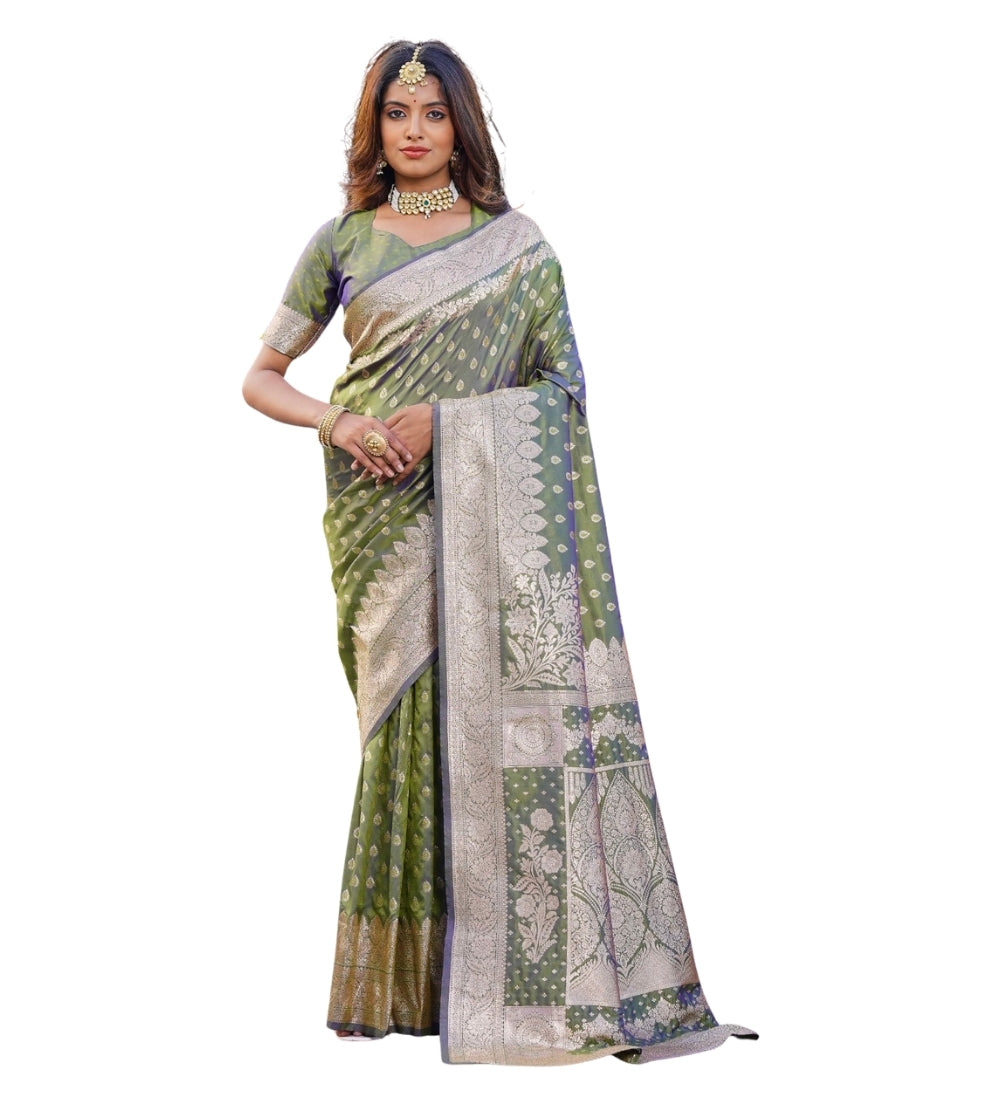 Snuggle SpotWomen's Jacquard Printed Saree With Unstitched Blouse 5.5Mtr (Olive Green)