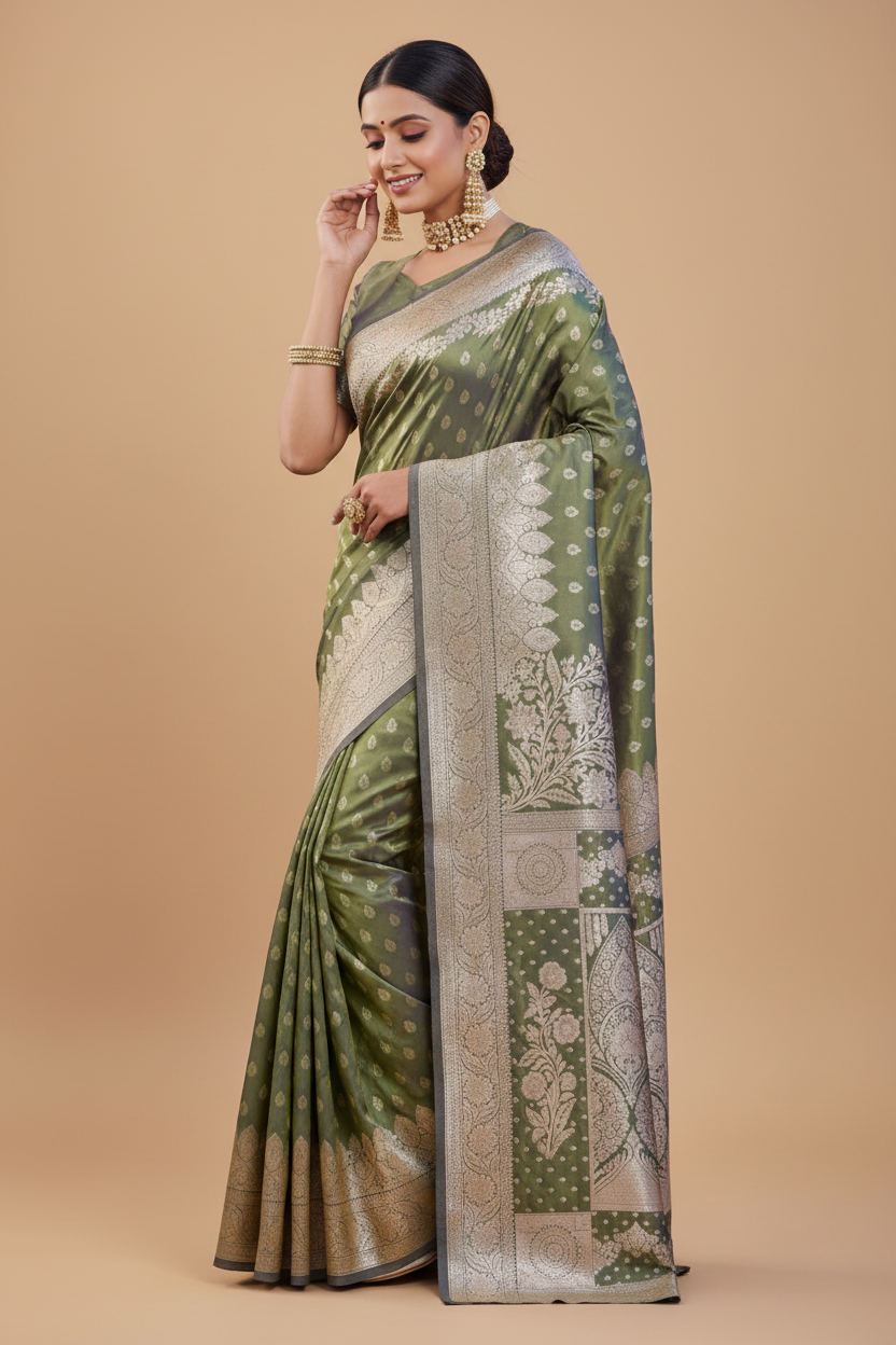 Snuggle Spot Women's Jacquard Printed Saree With Unstitched Blouse 5.5Mtr (Olive Green)