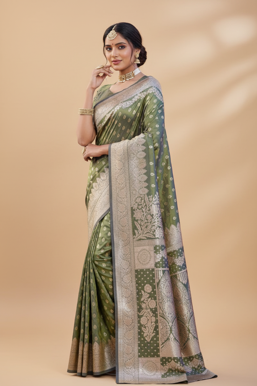 Snuggle Spot Women's Jacquard Printed Saree With Unstitched Blouse 5.5Mtr (Olive Green)