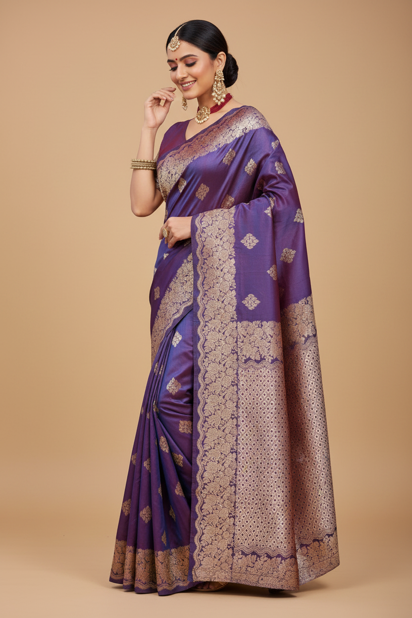 Snuggle Spot Women's Jacquard Printed Saree With Unstitched Blouse 5.5Mtr (Purple)