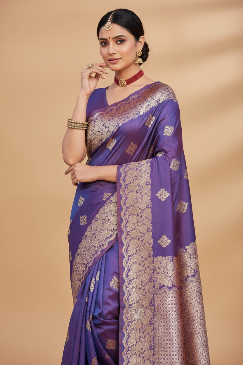 Snuggle Spot Women's Jacquard Printed Saree With Unstitched Blouse 5.5Mtr (Purple)