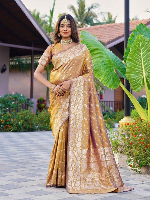 Snuggle SpotWomen's Jacquard Printed Saree With Unstitched Blouse 5.5Mtr (Mustard)