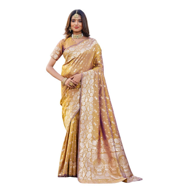 Snuggle SpotWomen's Jacquard Printed Saree With Unstitched Blouse 5.5Mtr (Mustard)