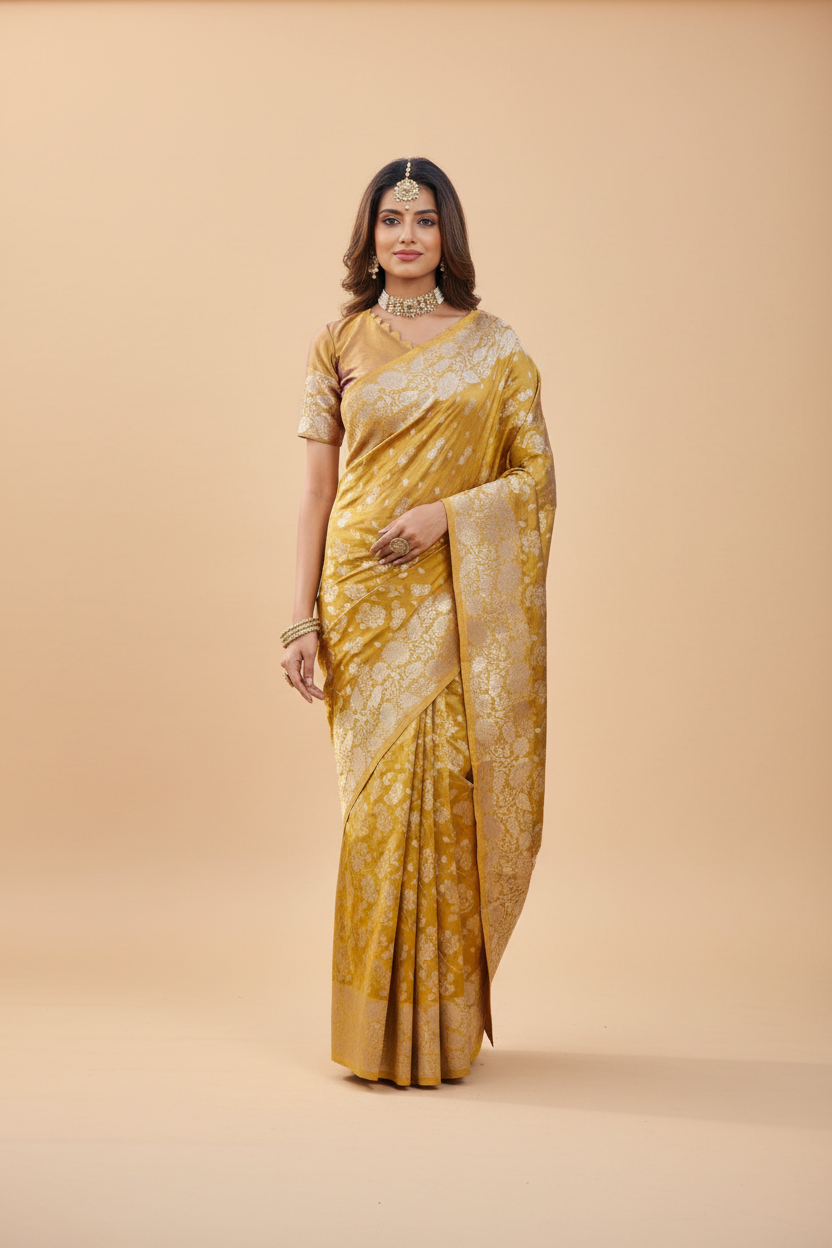 Snuggle Spot Women's Jacquard Printed Saree With Unstitched Blouse 5.5Mtr (Mustard)
