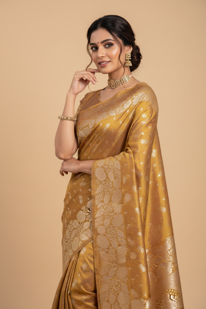 Snuggle Spot Women's Jacquard Printed Saree With Unstitched Blouse 5.5Mtr (Mustard)