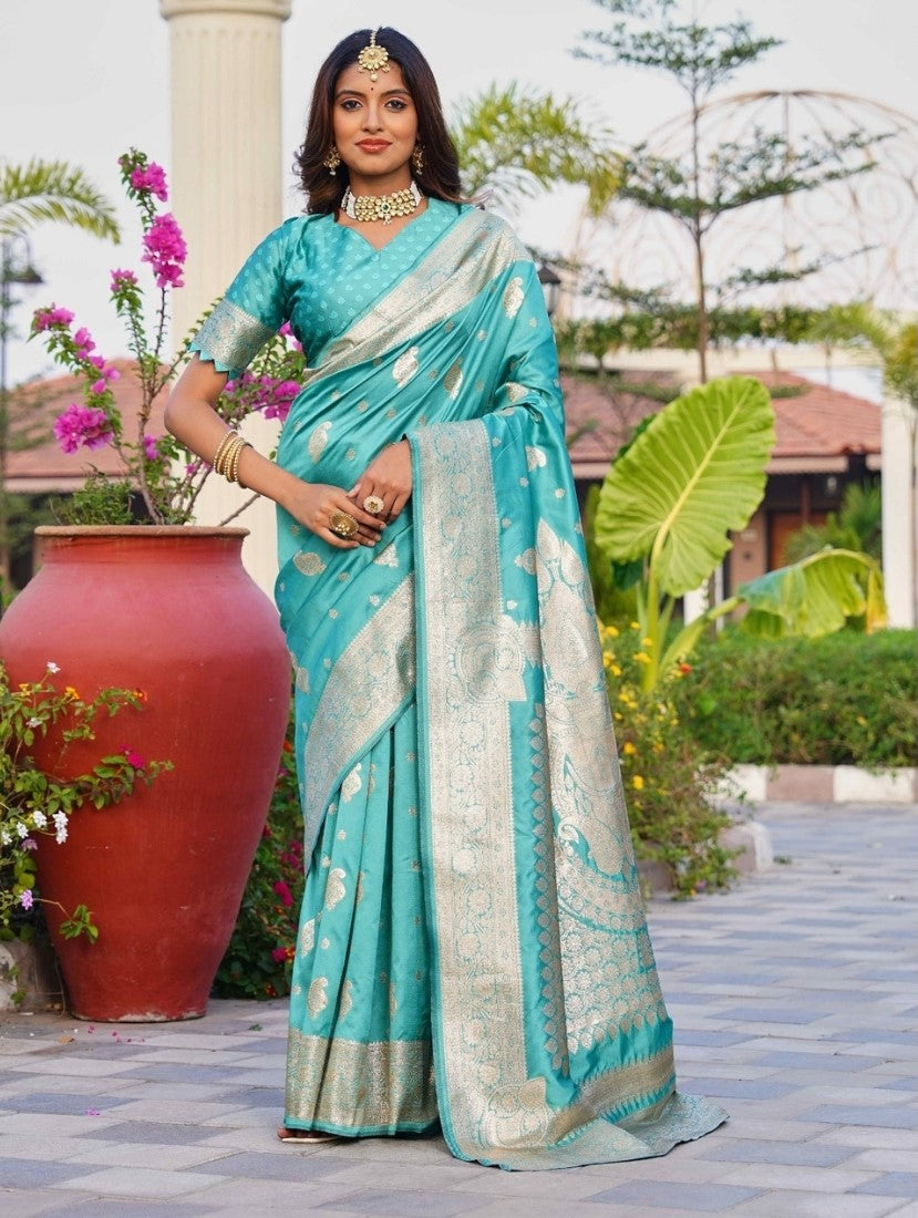 Snuggle SpotWomen's Jacquard Printed Saree With Unstitched Blouse 5.5Mtr (Skyblue)