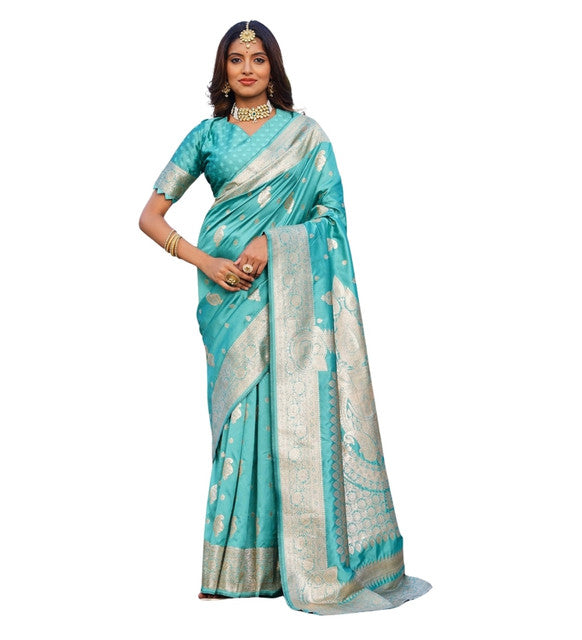 Snuggle SpotWomen's Jacquard Printed Saree With Unstitched Blouse 5.5Mtr (Skyblue)