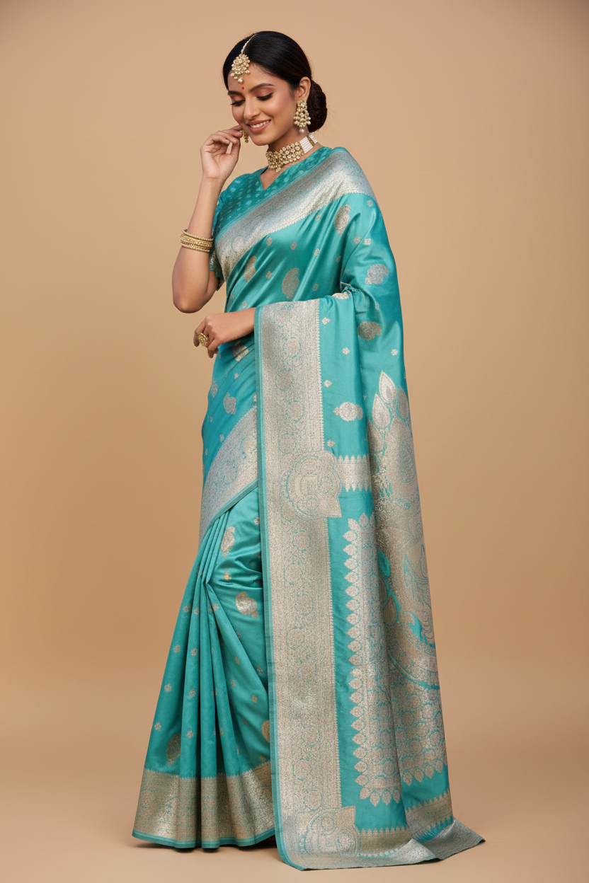 Snuggle Spot Women's Jacquard Printed Saree With Unstitched Blouse 5.5Mtr (Skyblue)