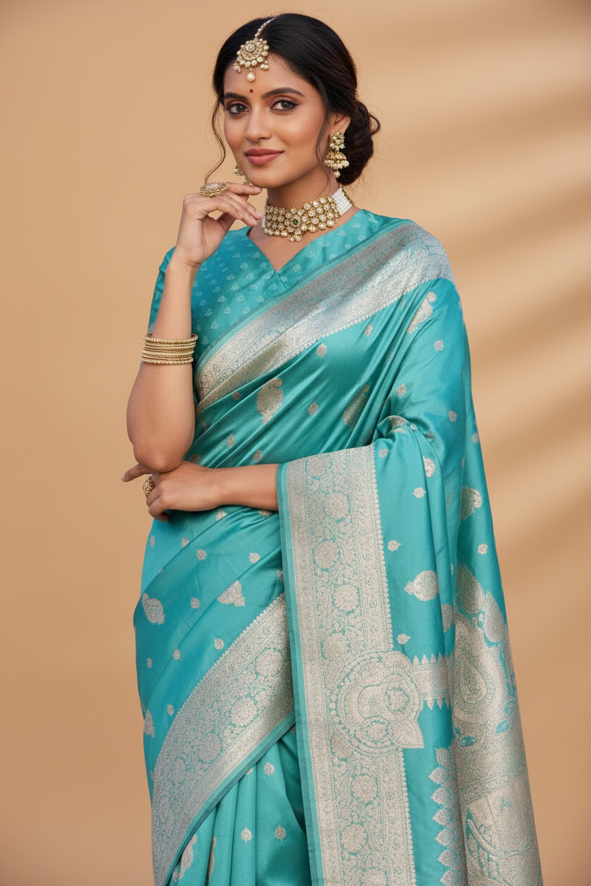 Snuggle Spot Women's Jacquard Printed Saree With Unstitched Blouse 5.5Mtr (Skyblue)