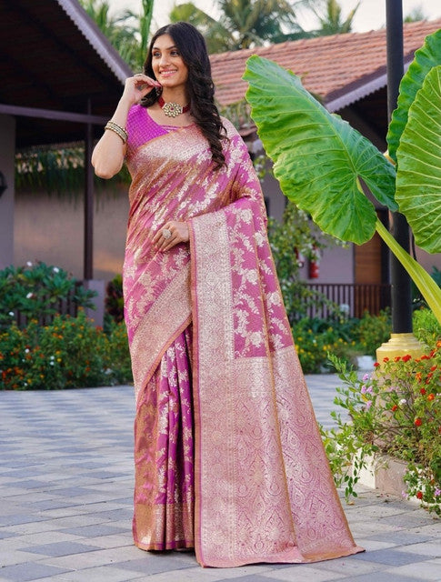 Snuggle SpotWomen's Jacquard Printed Saree With Unstitched Blouse 5.5Mtr (Pink)