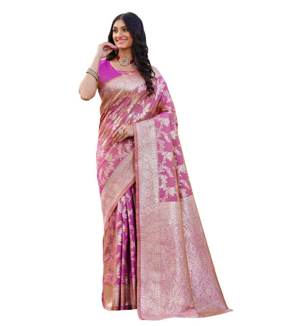 Snuggle SpotWomen's Jacquard Printed Saree With Unstitched Blouse 5.5Mtr (Pink)