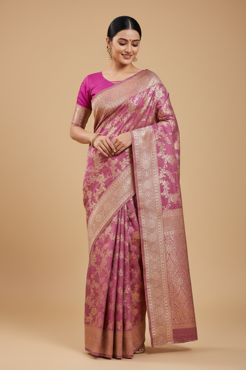 Snuggle Spot Women's Jacquard Printed Saree With Unstitched Blouse 5.5Mtr (Pink)