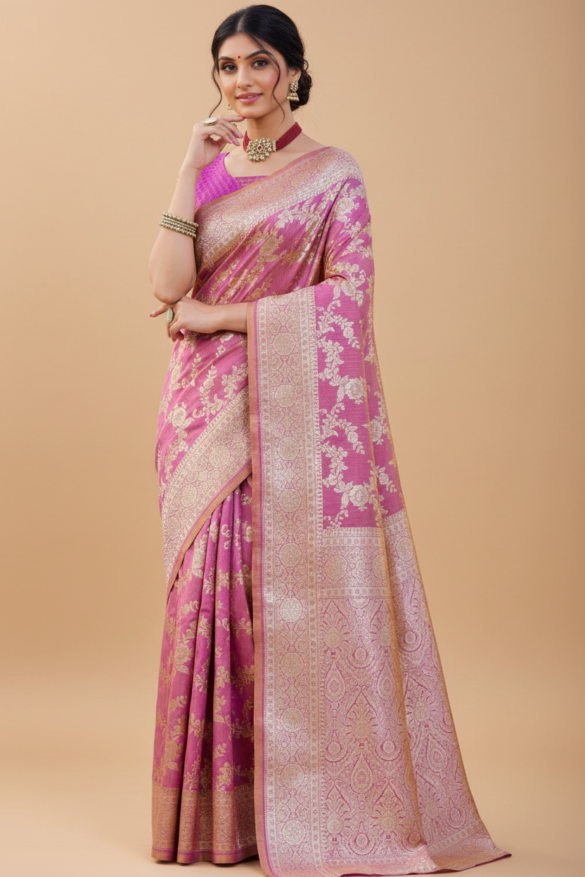 Snuggle Spot Women's Jacquard Printed Saree With Unstitched Blouse 5.5Mtr (Pink)