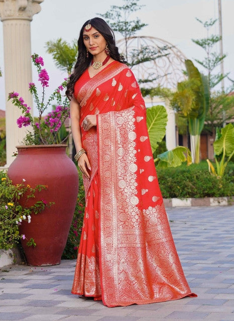 Snuggle SpotWomen's Jacquard Printed Saree With Unstitched Blouse 5.5Mtr (Red)
