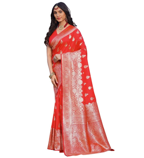 Snuggle SpotWomen's Jacquard Printed Saree With Unstitched Blouse 5.5Mtr (Red)