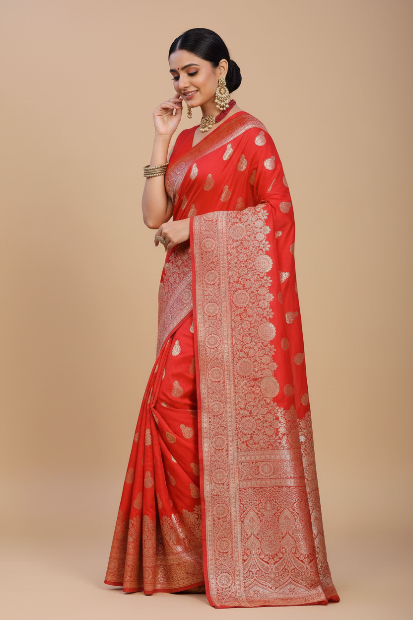 Snuggle Spot Women's Jacquard Printed Saree With Unstitched Blouse 5.5Mtr (Red)