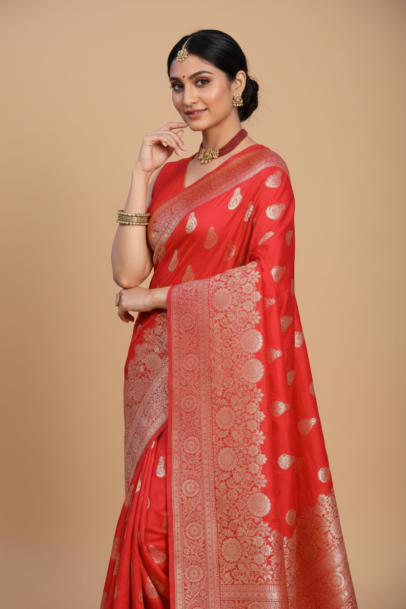 Snuggle Spot Women's Jacquard Printed Saree With Unstitched Blouse 5.5Mtr (Red)