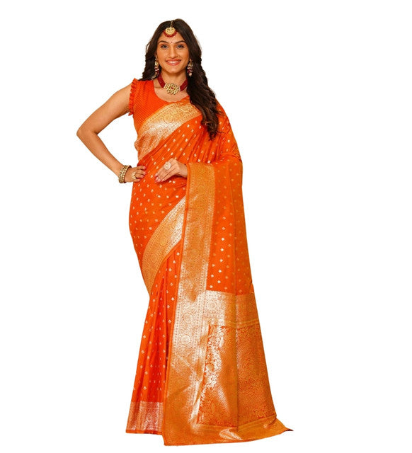Snuggle Spot Women's Jacquard Printed Saree With Unstitched Blouse 5.5Mtr (Orange)