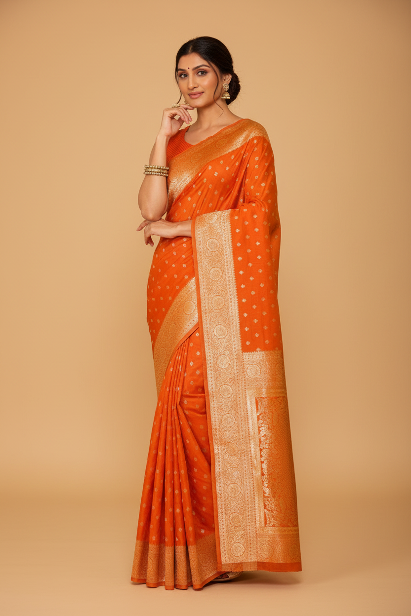 Snuggle Spot Women's Jacquard Printed Saree With Unstitched Blouse 5.5Mtr (Orange)