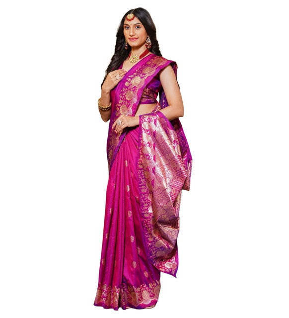 Snuggle Spot Women's Jacquard Printed Saree With Unstitched Blouse 5.5Mtr (Magenta)