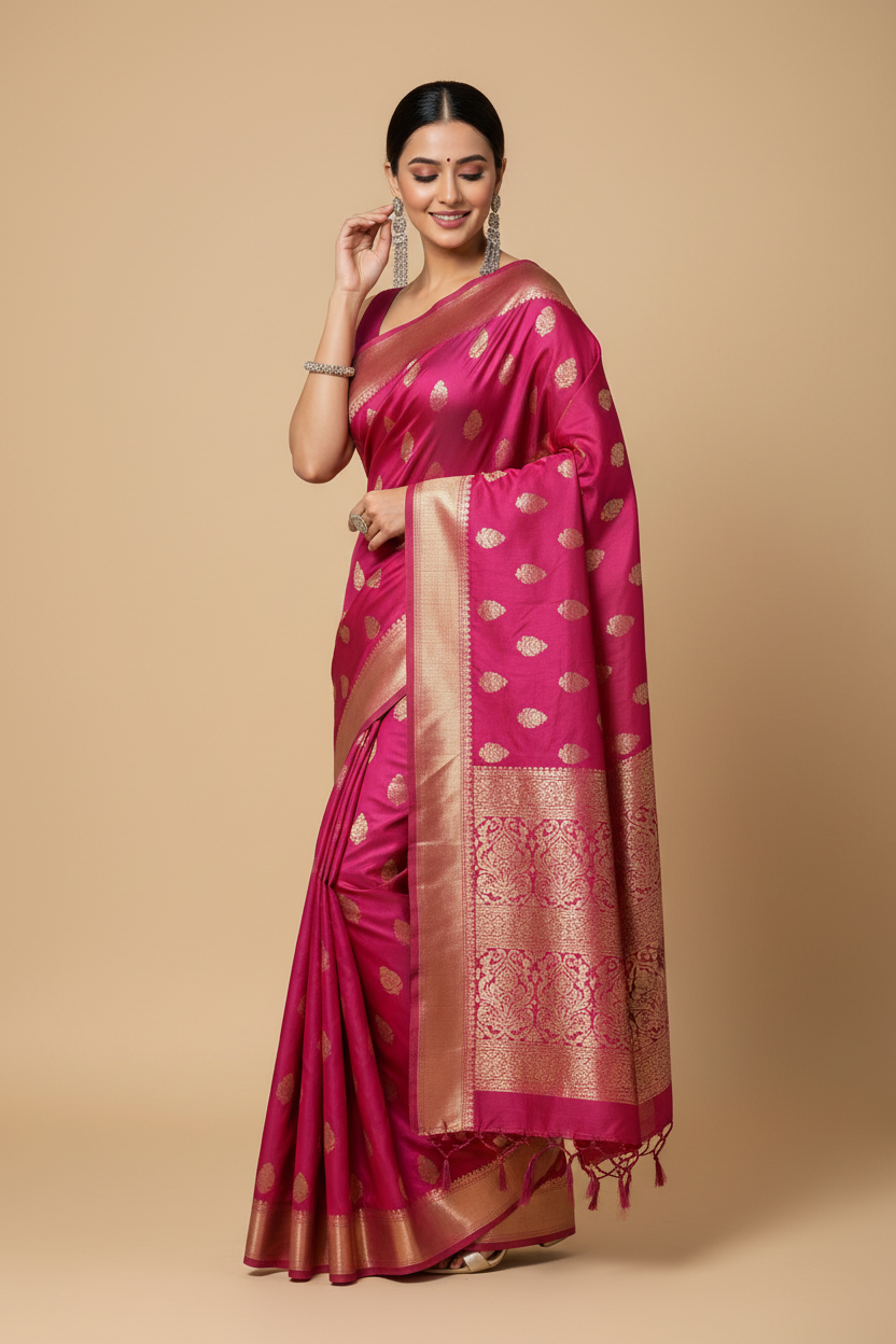 Snuggle Spot Women's Jacquard Printed Saree With Unstitched Blouse 5.5Mtr (Magenta)