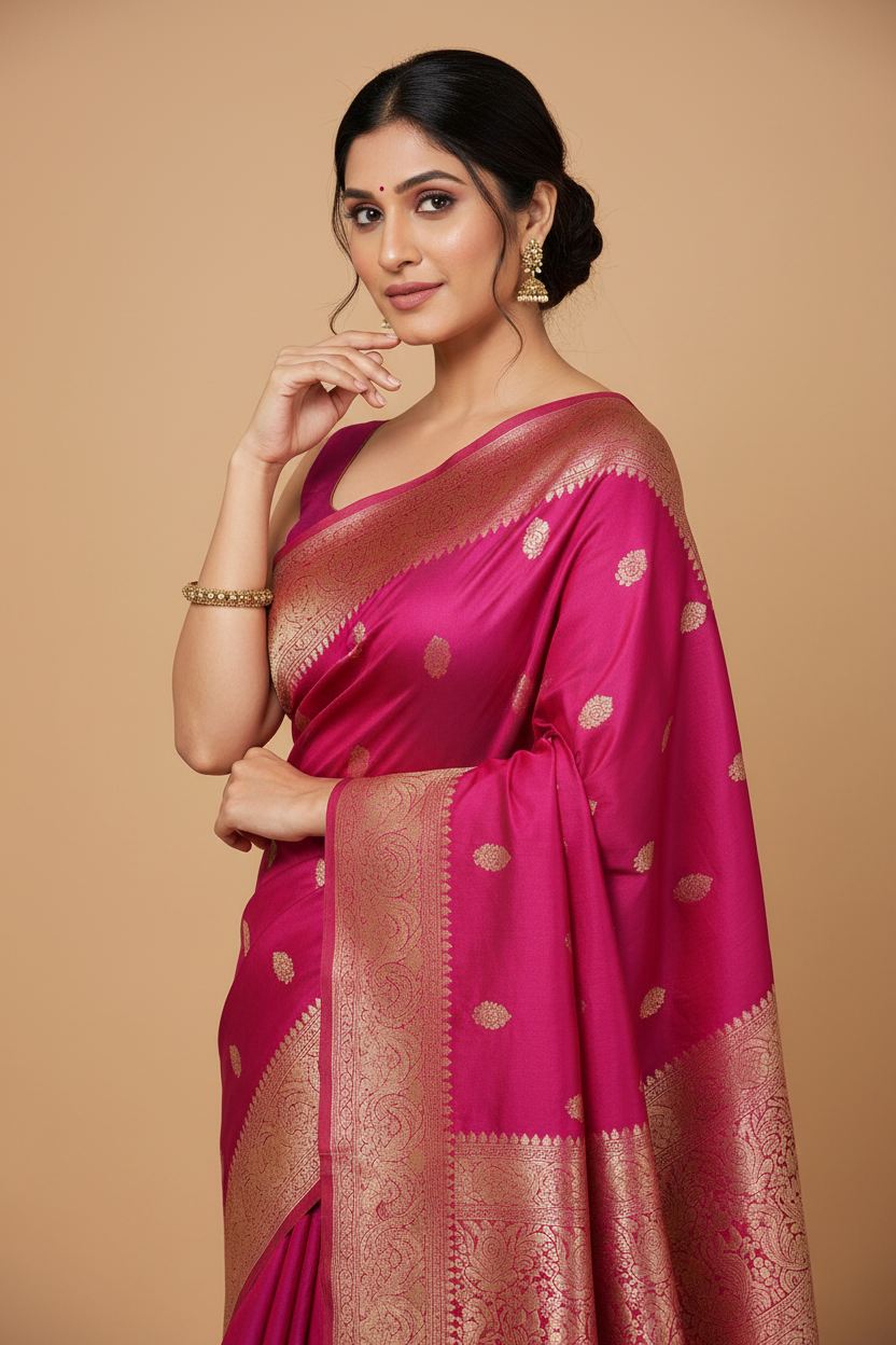 Snuggle Spot Women's Jacquard Printed Saree With Unstitched Blouse 5.5Mtr (Magenta)