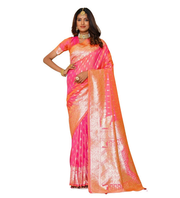 Snuggle Spot Women's Jacquard Printed Saree With Unstitched Blouse 5.5Mtr (Pink)