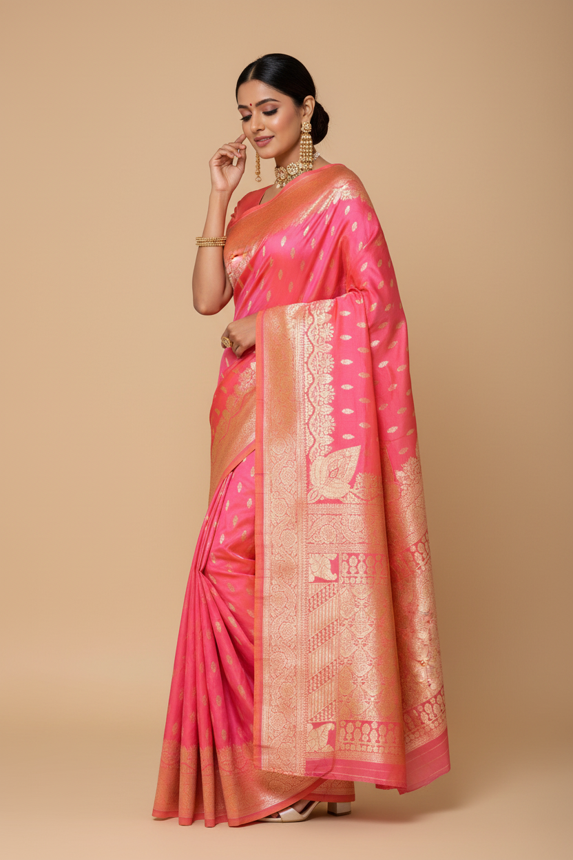 Snuggle Spot Women's Jacquard Printed Saree With Unstitched Blouse 5.5Mtr (Pink)