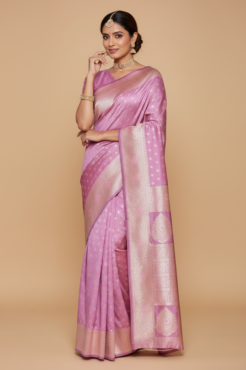 Snuggle Spot Women's Jacquard Printed Saree With Unstitched Blouse 5.5Mtr (Lavender)