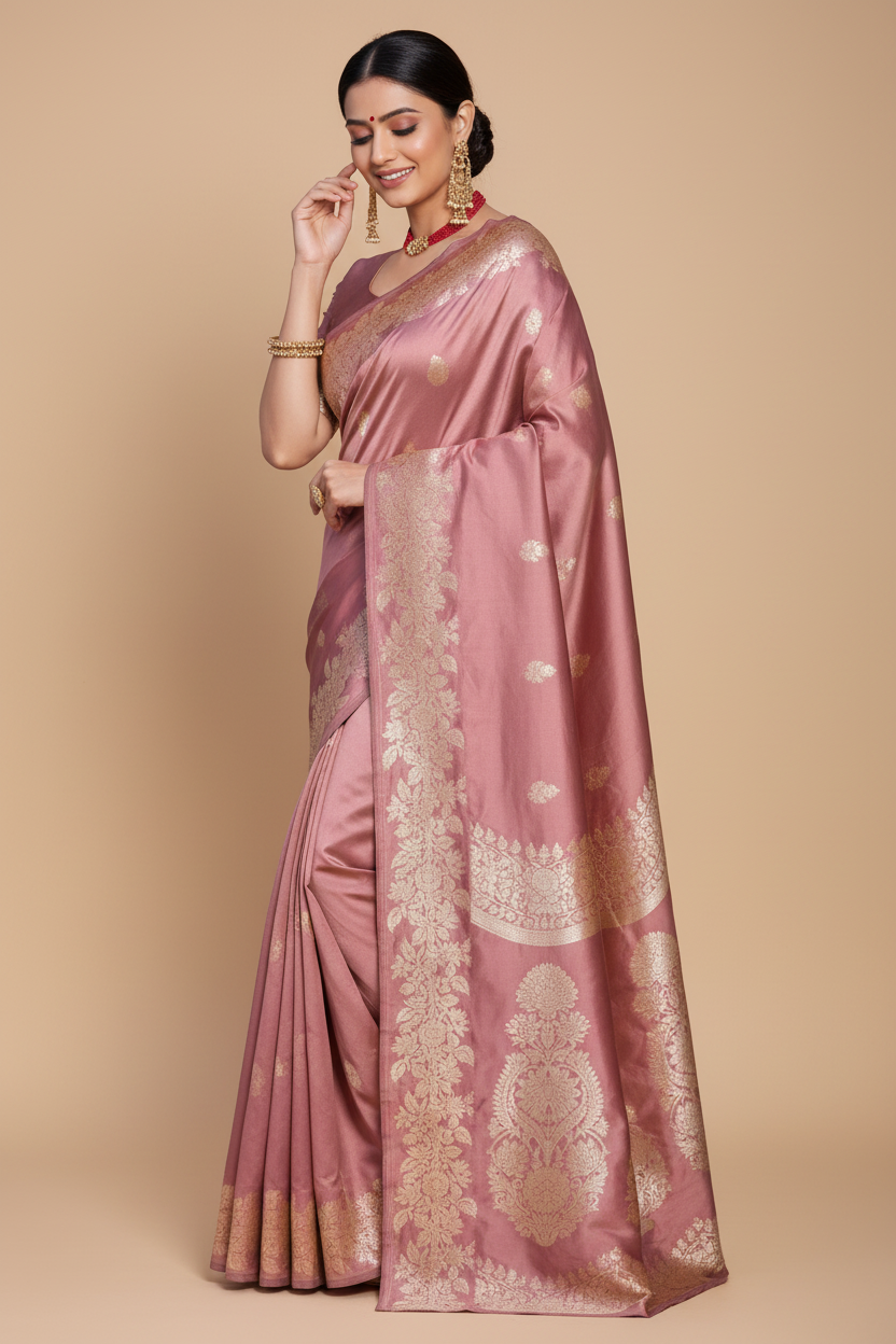 Snuggle Spot Women's Jacquard Printed Saree With Unstitched Blouse 5.5Mtr (Pink)
