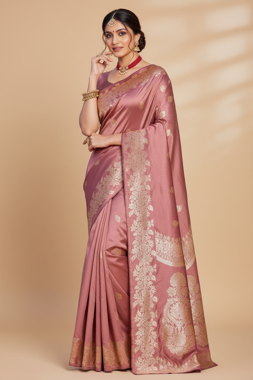 Snuggle Spot Women's Jacquard Printed Saree With Unstitched Blouse 5.5Mtr (Pink)