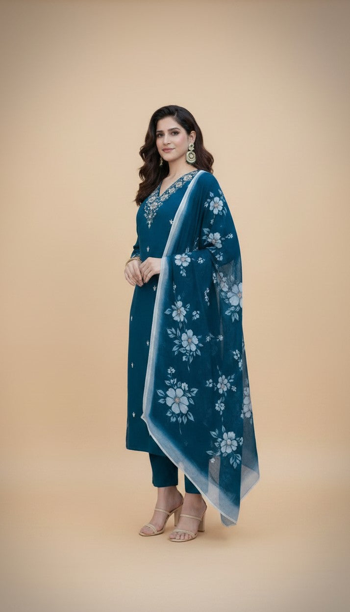 Snuggle Spot Women's Chanderi Silk Ethnic Motif V-Neck 3/4th Sleeve Kurti With Pant Dupatta Set (Teal)