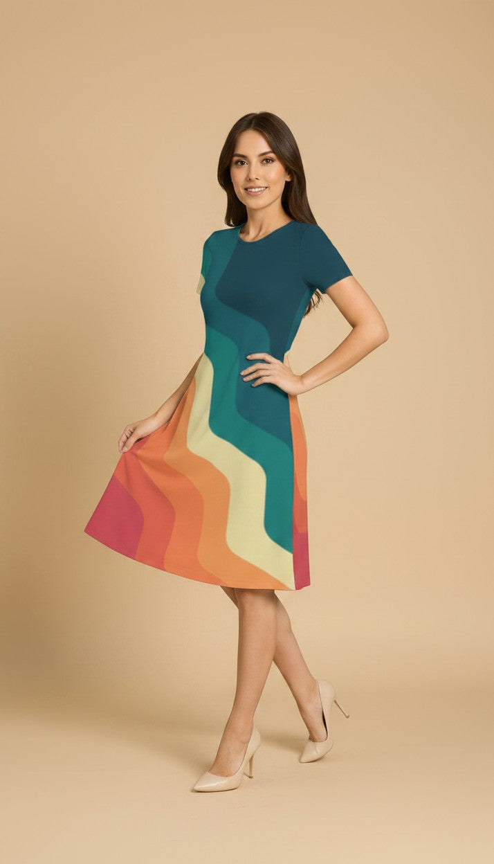 Rainbow Patter Abstract Design Casual One Piece Dress Knee Length for Women