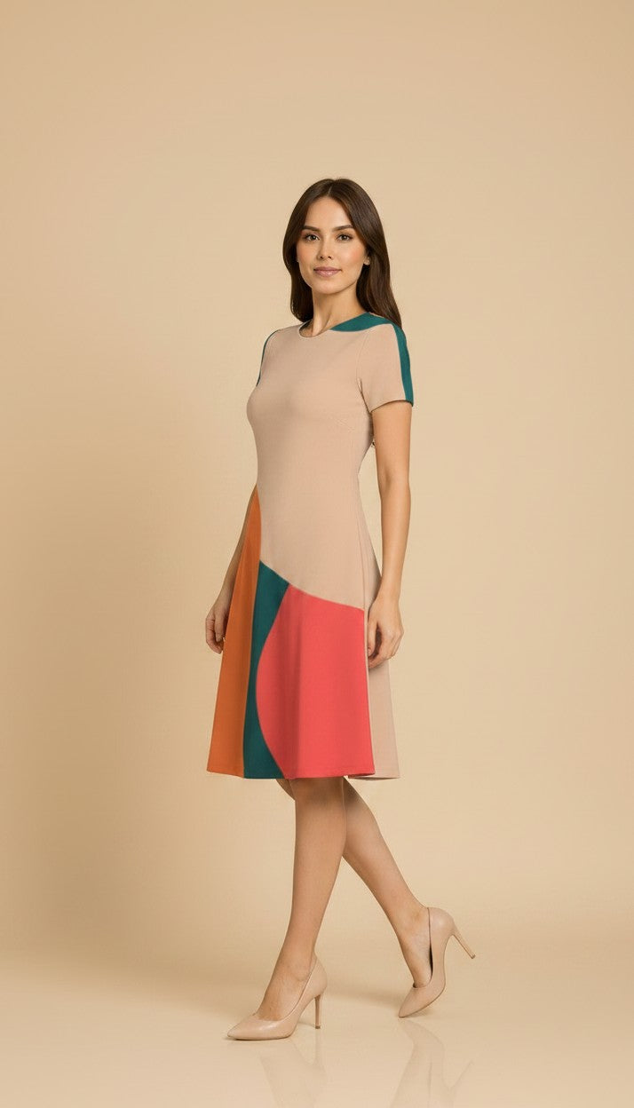 Multicolor Abstract Design Casual One Piece Dress Knee Length for Women