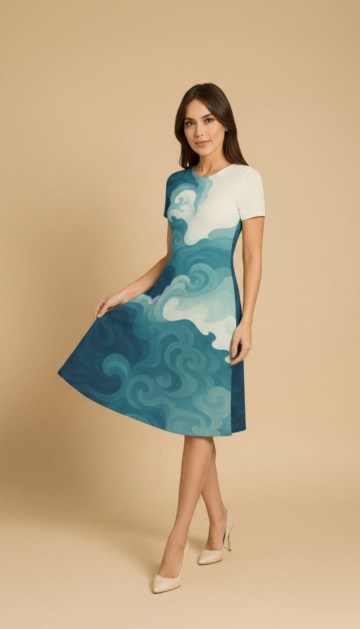 Blue Water Flow Casual One Piece Dress Knee Length for Women