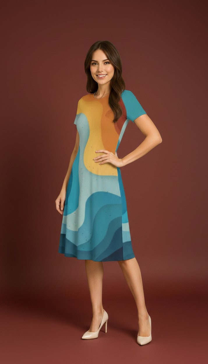 Sky Blue Casual One Piece Dress Knee Length for Women