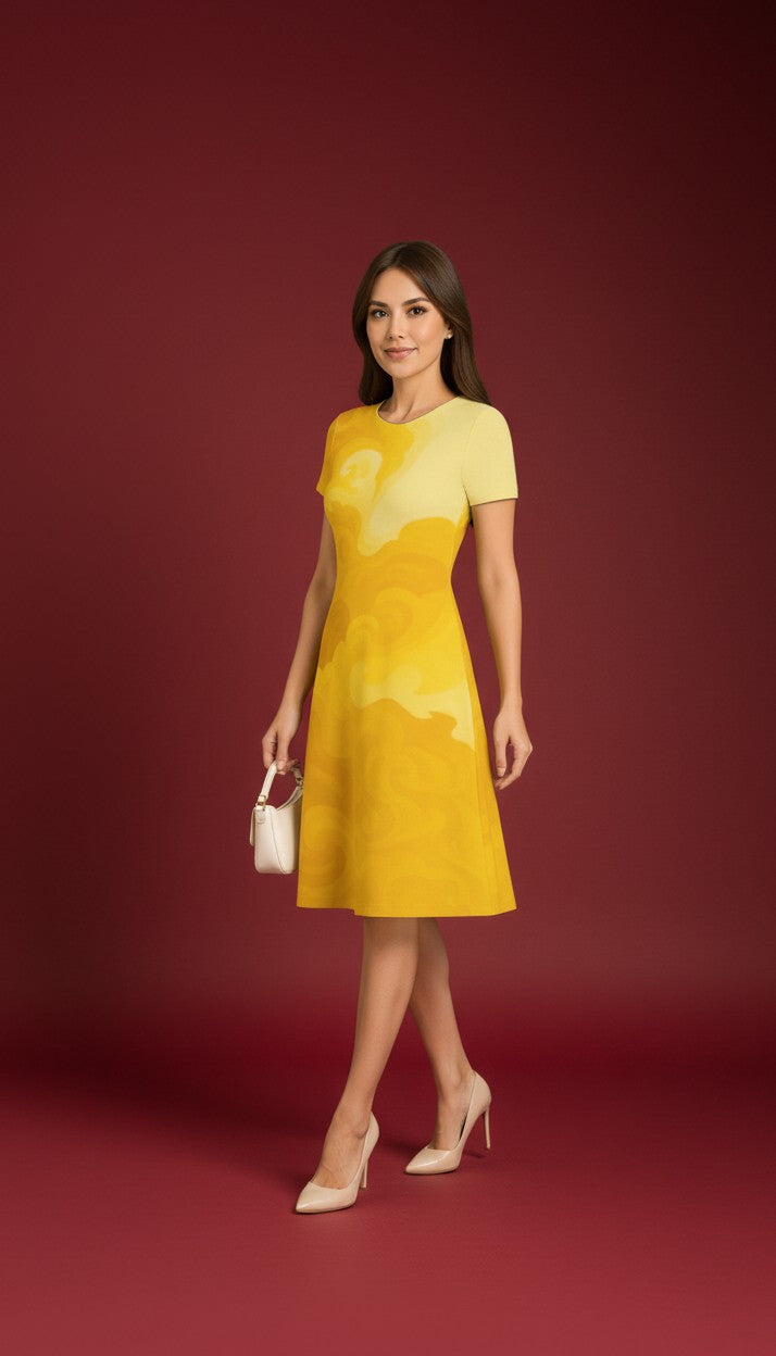 Yellow Water Flow Casual One Piece Dress Knee Length for Women