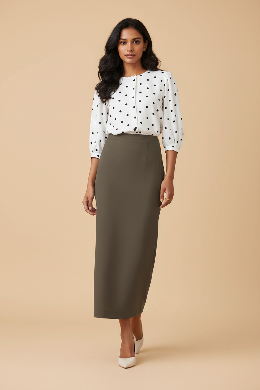Mocca Color Ankle-Length Pencil Skirt with Side Slit