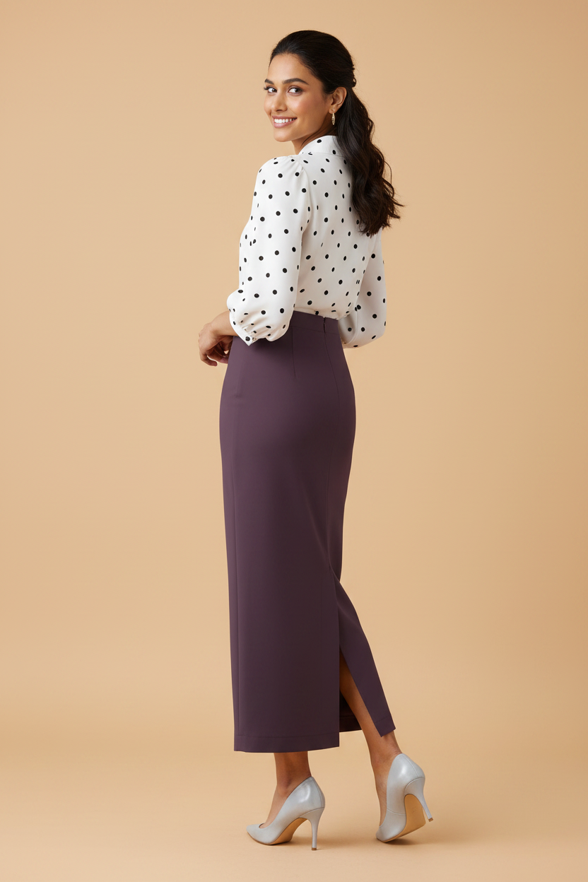 Italian Plum Color Ankle-Length Pencil Skirt with Side Slit
