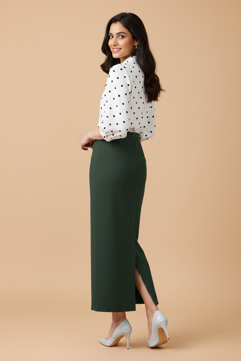 Jungle Green Color Ankle-Length Pencil Skirt with Side Slit