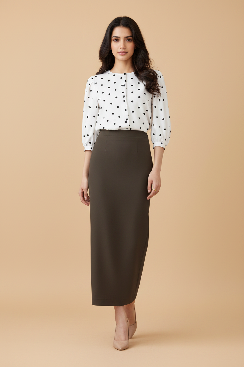 Walnut Color Ankle-Length Pencil Skirt with Side Slit