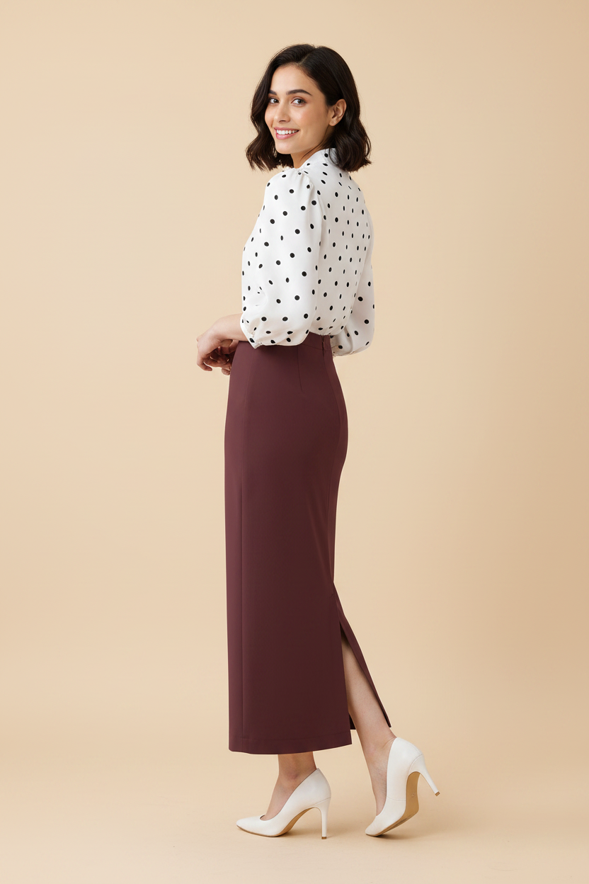Wine Berry Color Ankle-Length Pencil Skirt with Side Slit