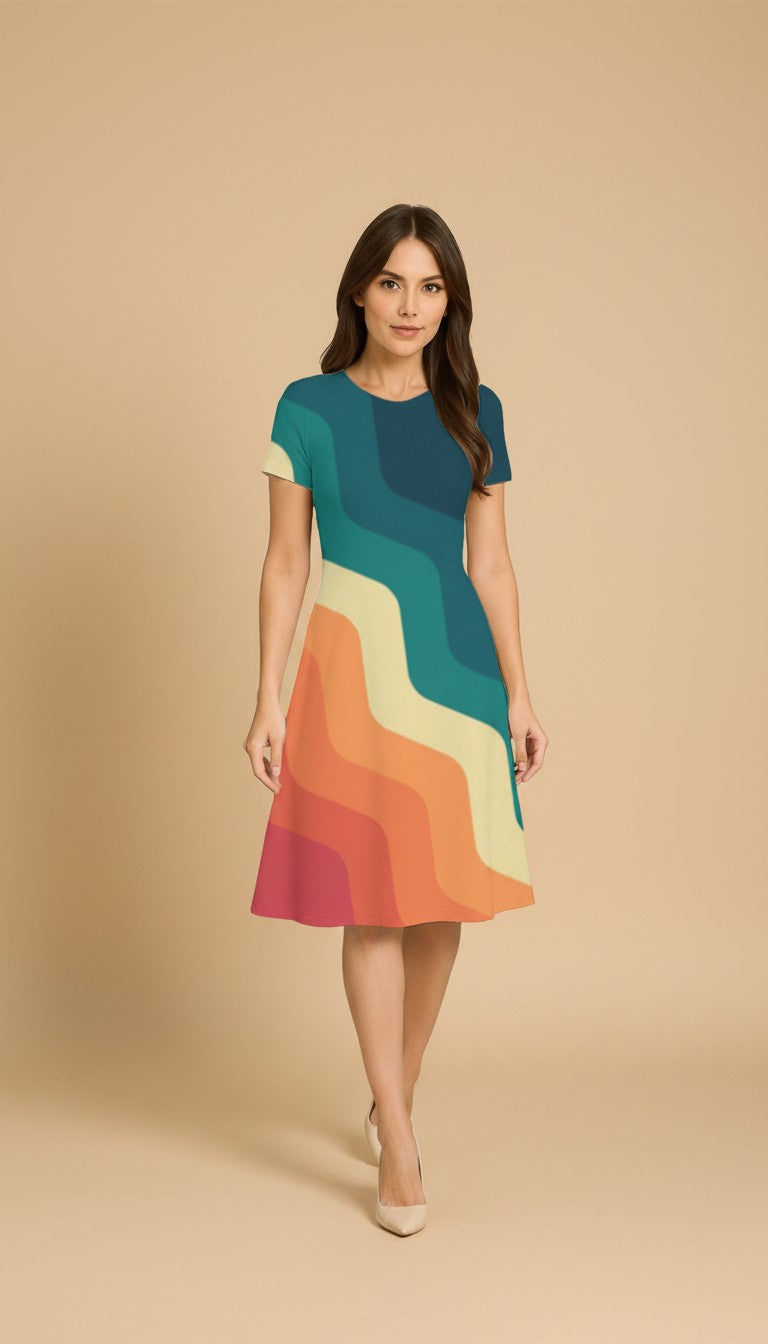 Rainbow Patter Abstract Design Casual One Piece Dress Knee Length for Women