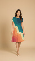 Rainbow Patter Abstract Design Casual One Piece Dress Knee Length for Women
