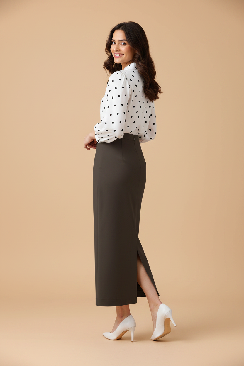 Walnut Color Ankle-Length Pencil Skirt with Side Slit