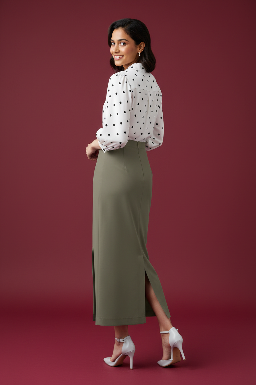 Khakhi Color Ankle-Length Pencil Skirt with Side Slit