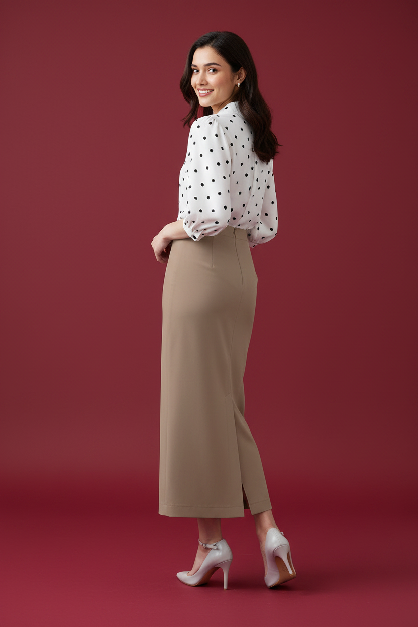 Pale Taupe Color Ankle-Length Pencil Skirt with Side Slit