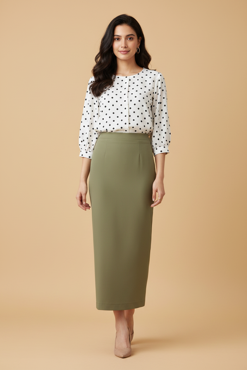 Moss Green Color Ankle-Length Pencil Skirt with Side Slit